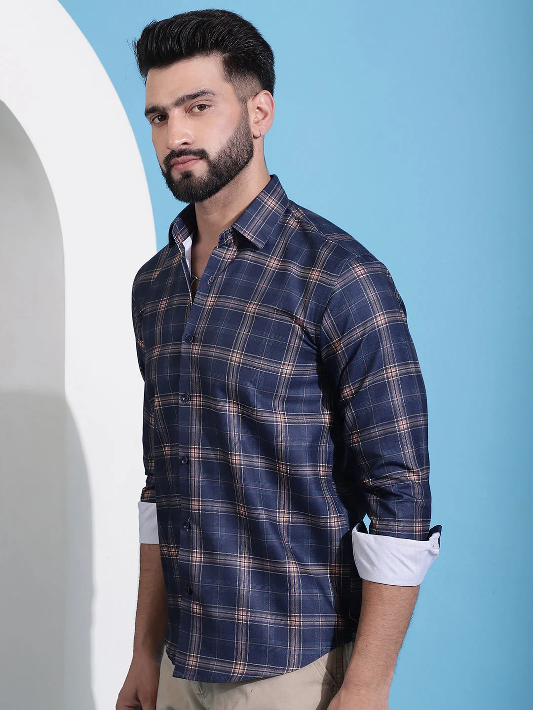 Navy Blue Checked Cotton Mens Shirt | Casual Shirts