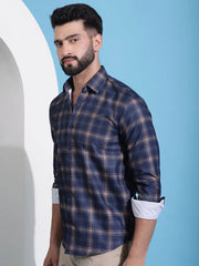Navy Blue Checked Cotton Casual Shirt for Men-SF-942Navy