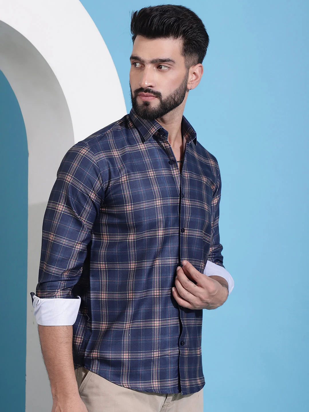 Navy Blue Checked Cotton Mens Shirt | Casual Shirts