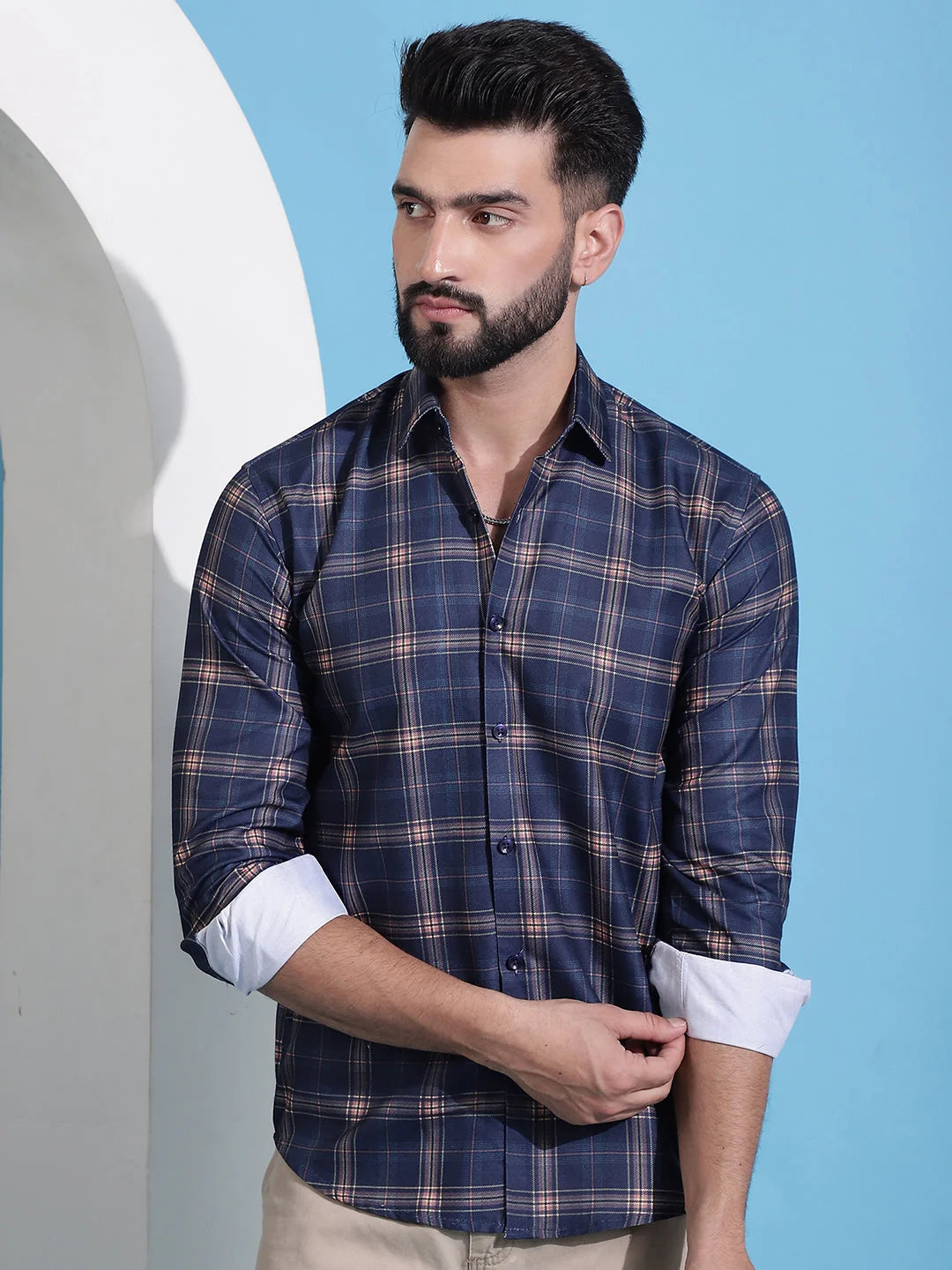 Navy Blue Checked Cotton Mens Shirt | Casual Shirts
