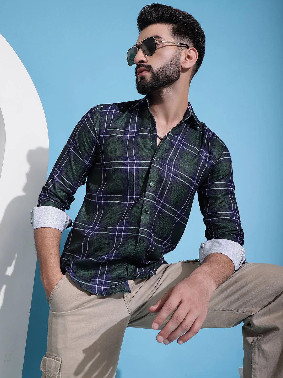 Olive Green Checked Cotton Mens Shirt | Casual Style