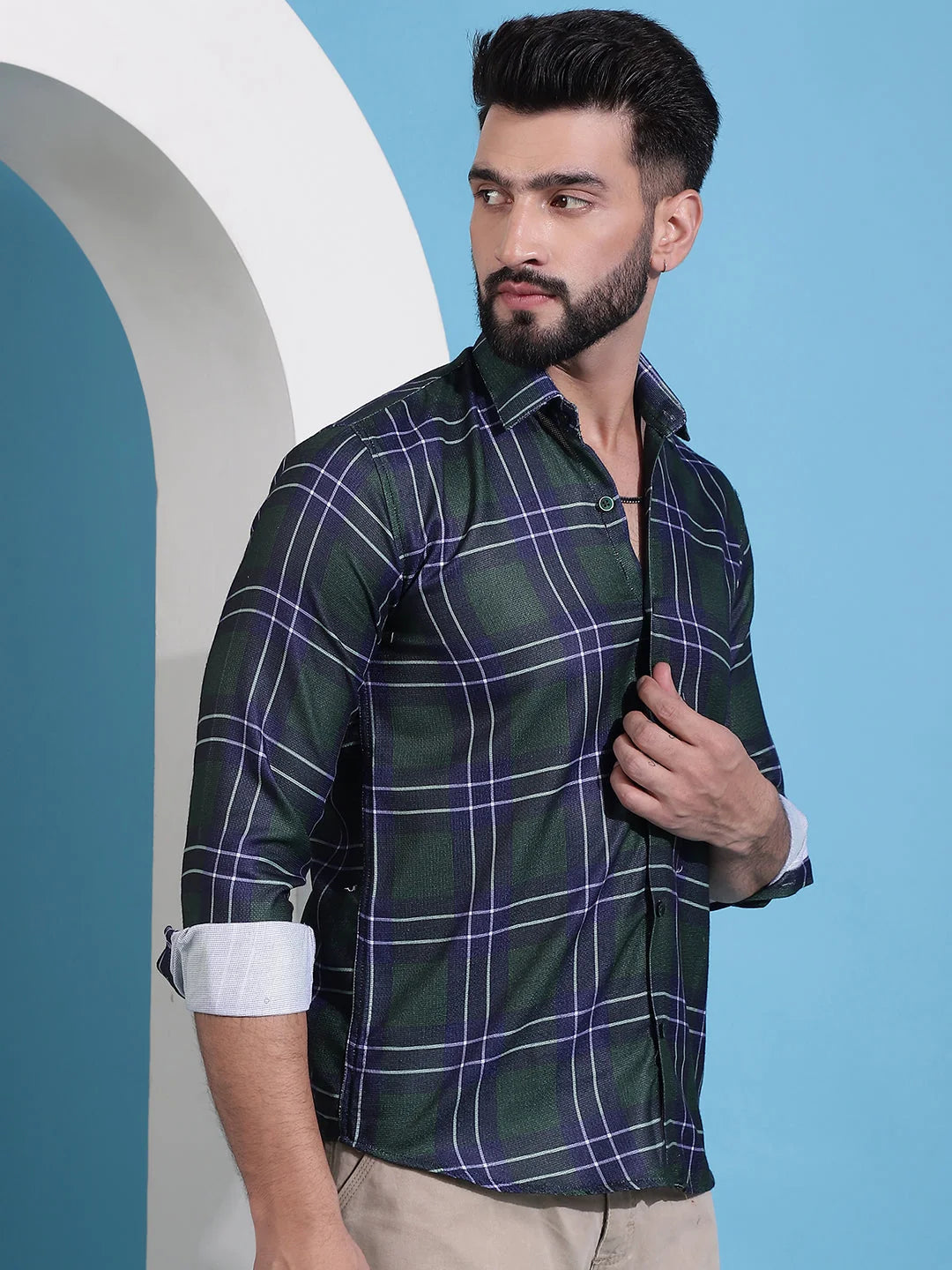 Olive Green Checked Cotton Mens Shirt | Casual Style