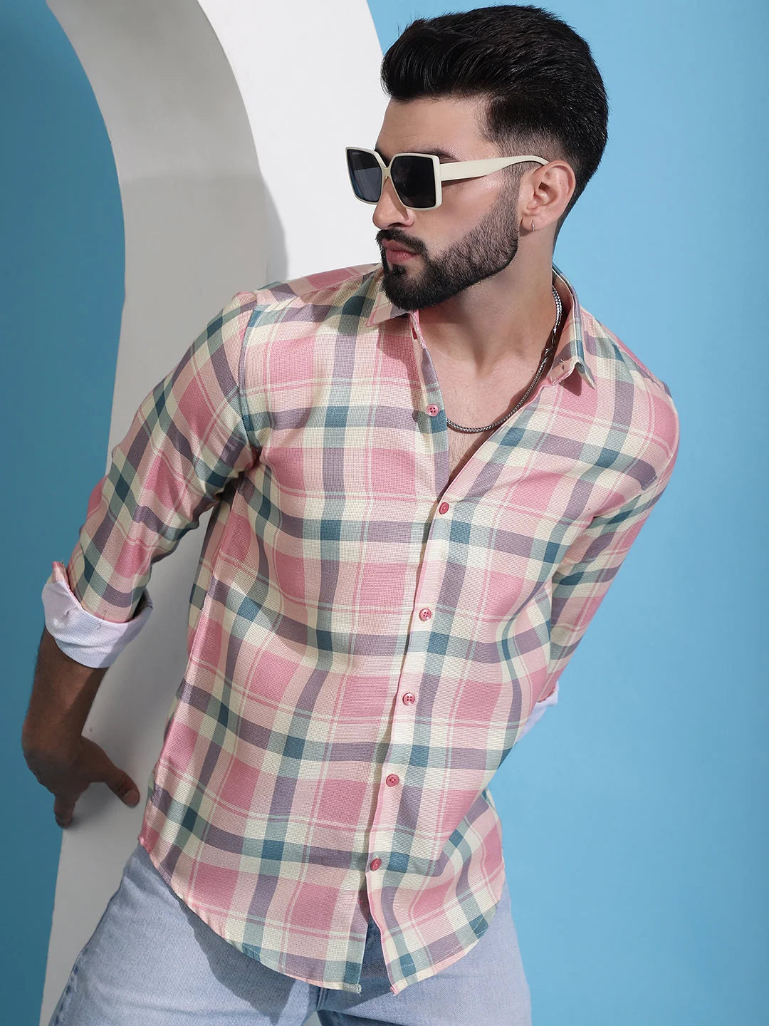 Peach Checked Cotton Mens Shirt - Casual Shirts for Men