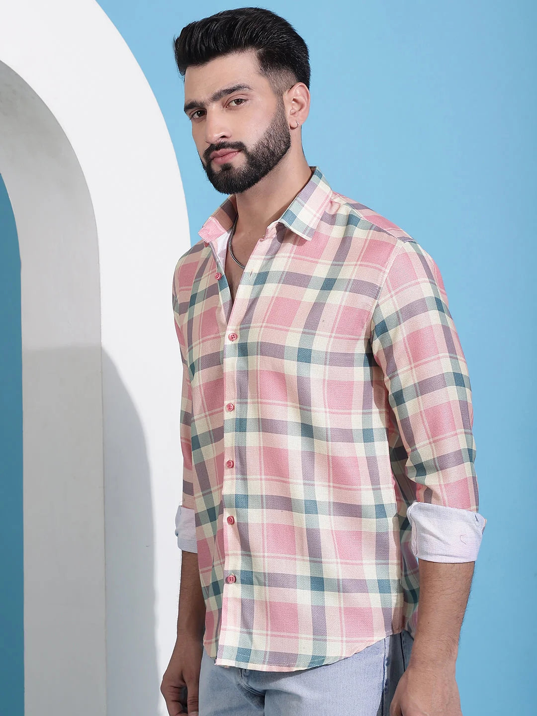 Peach Checked Cotton Mens Shirt - Casual Shirts for Men