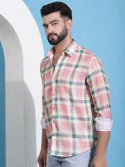 Peach Checked Cotton Casual Shirt for Men-SF-942Peach