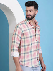 Peach Checked Cotton Casual Shirt for Men-SF-942Peach