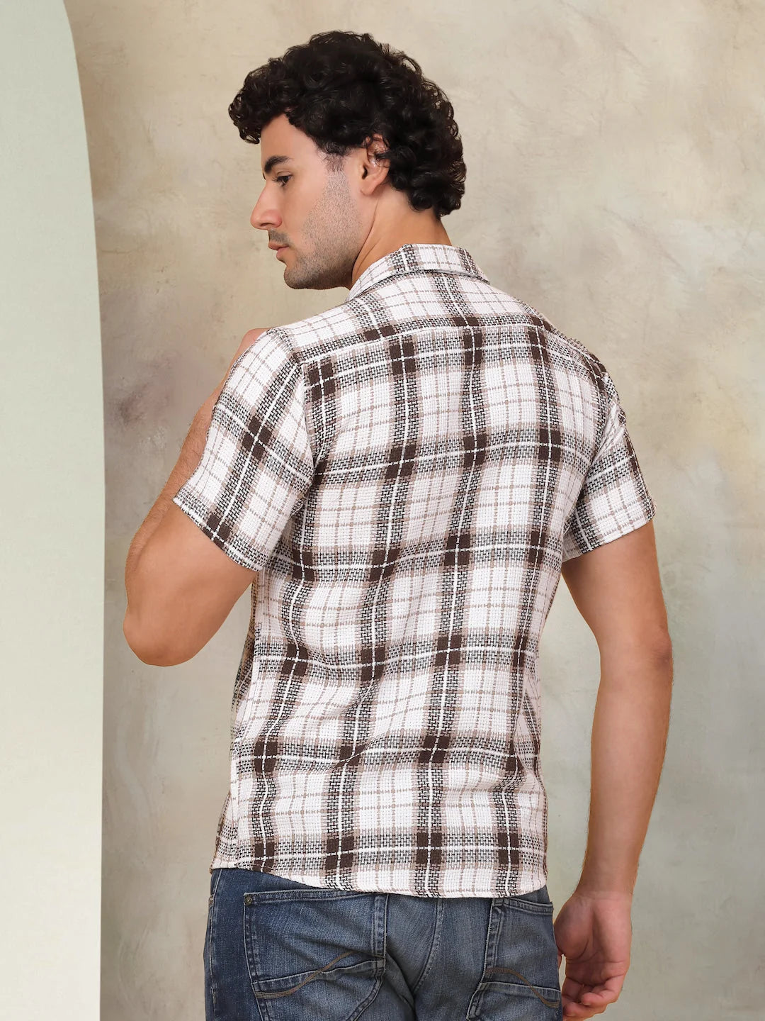 Brown Checked Cotton Shirt - Half Sleeve Mens Shirt Style