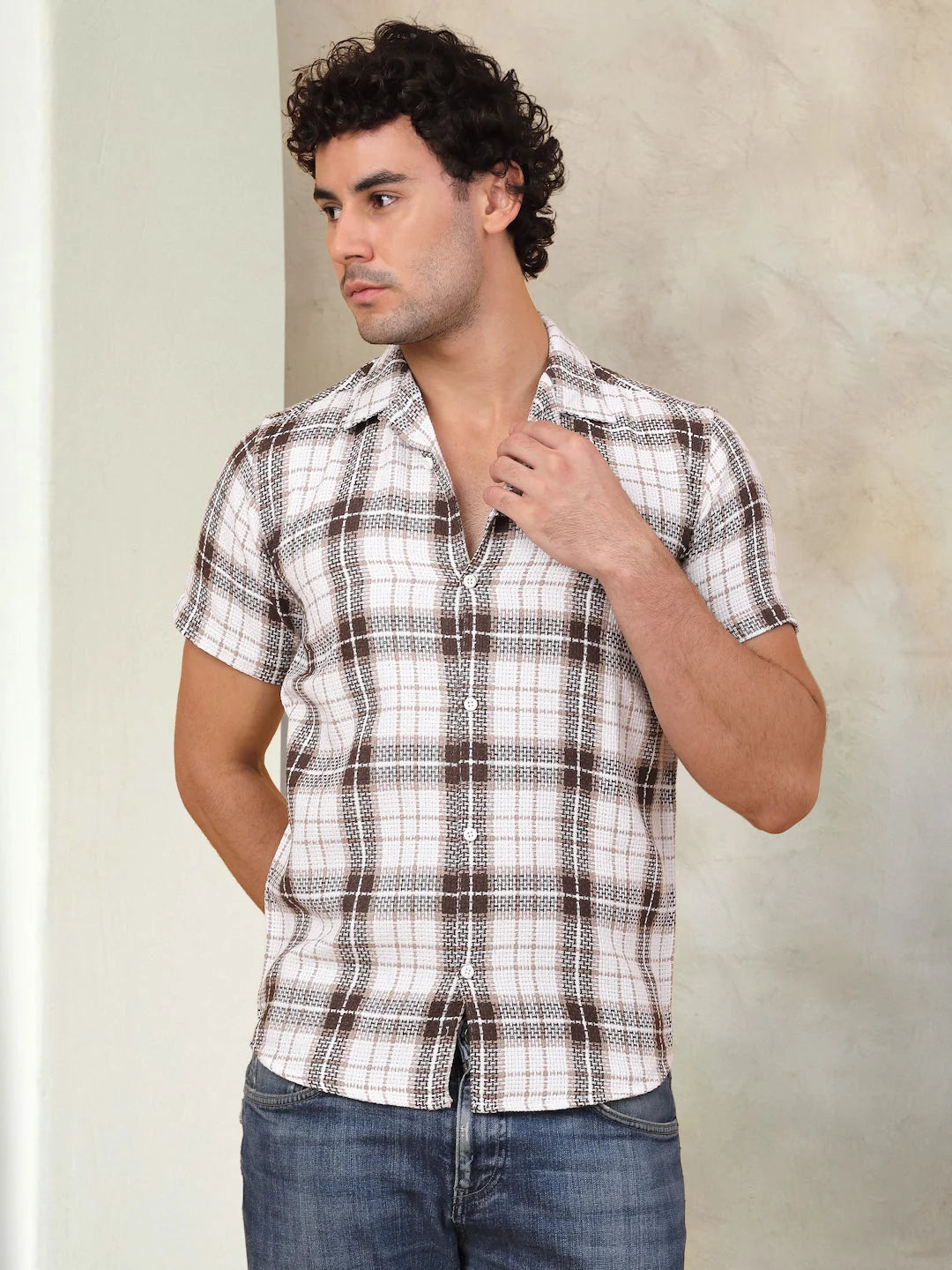 Brown Checked Cotton Shirt - Half Sleeve Mens Shirt Style
