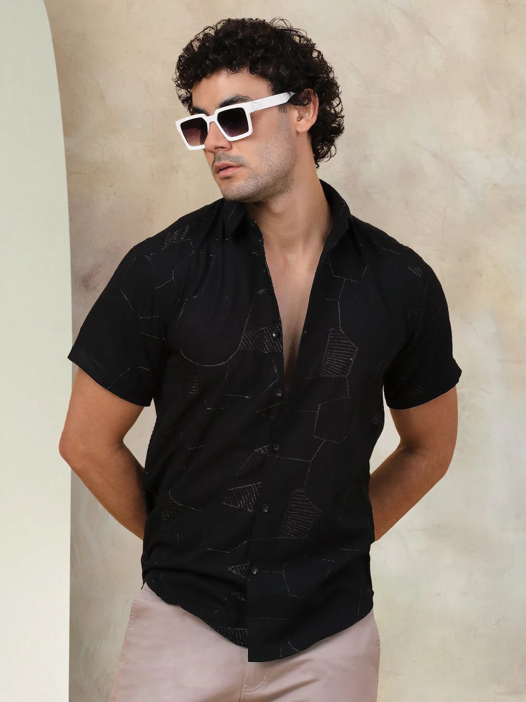 Embroidered Half Sleeve Cotton Shirt for Men-SF-944Black