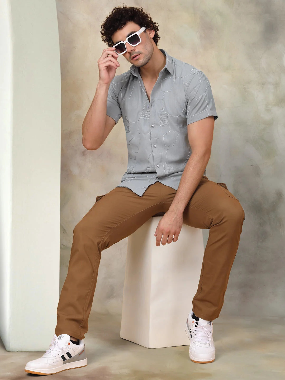 Light Grey Cotton Shirt for Men - Embroidered Polo Shirts