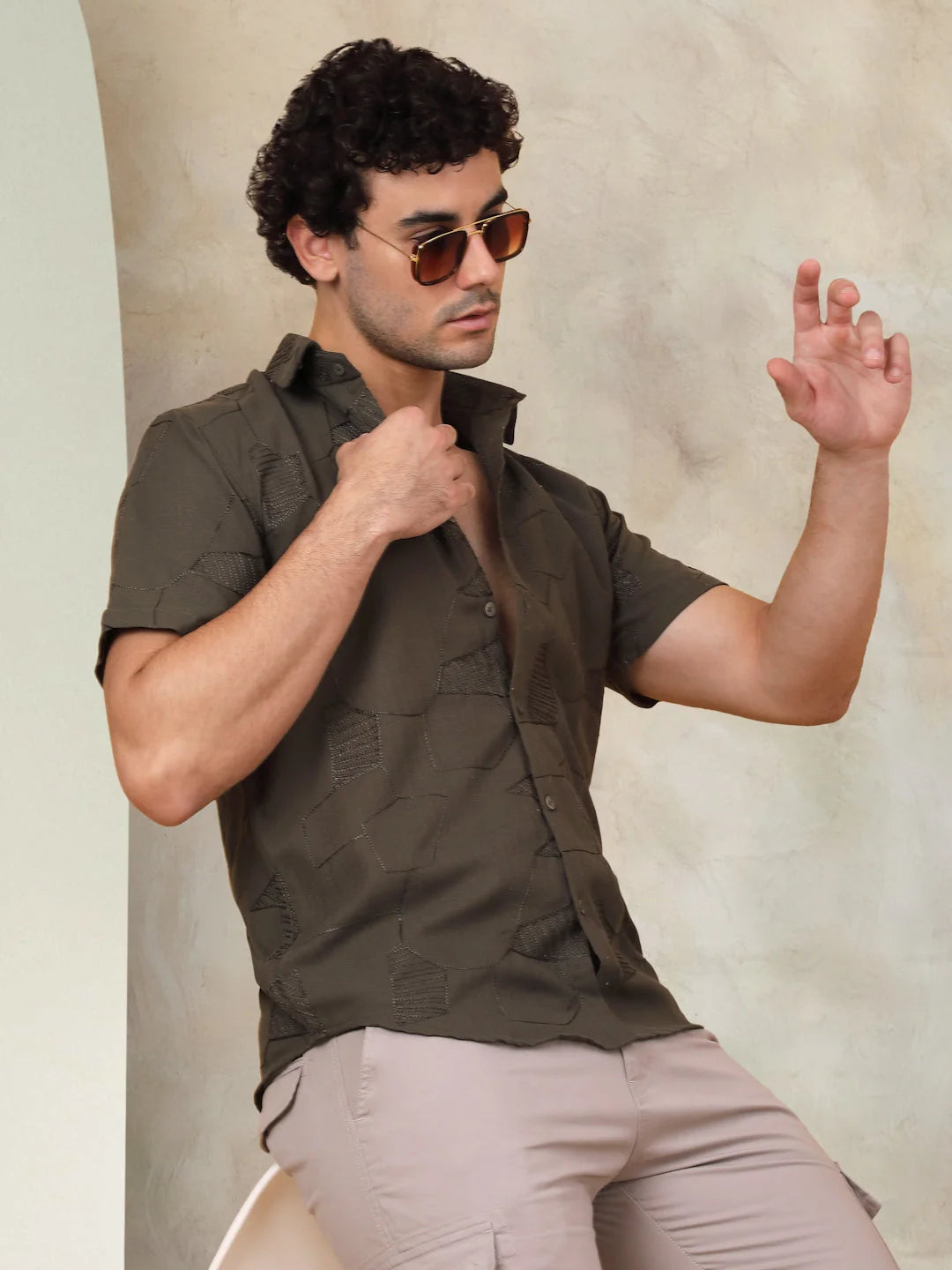 Olive Cotton Shirt for Men - Embroidered Half Sleeve