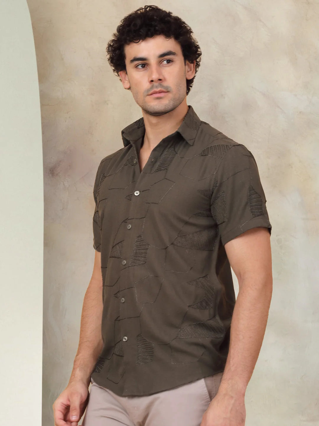Olive Cotton Shirt for Men - Embroidered Half Sleeve
