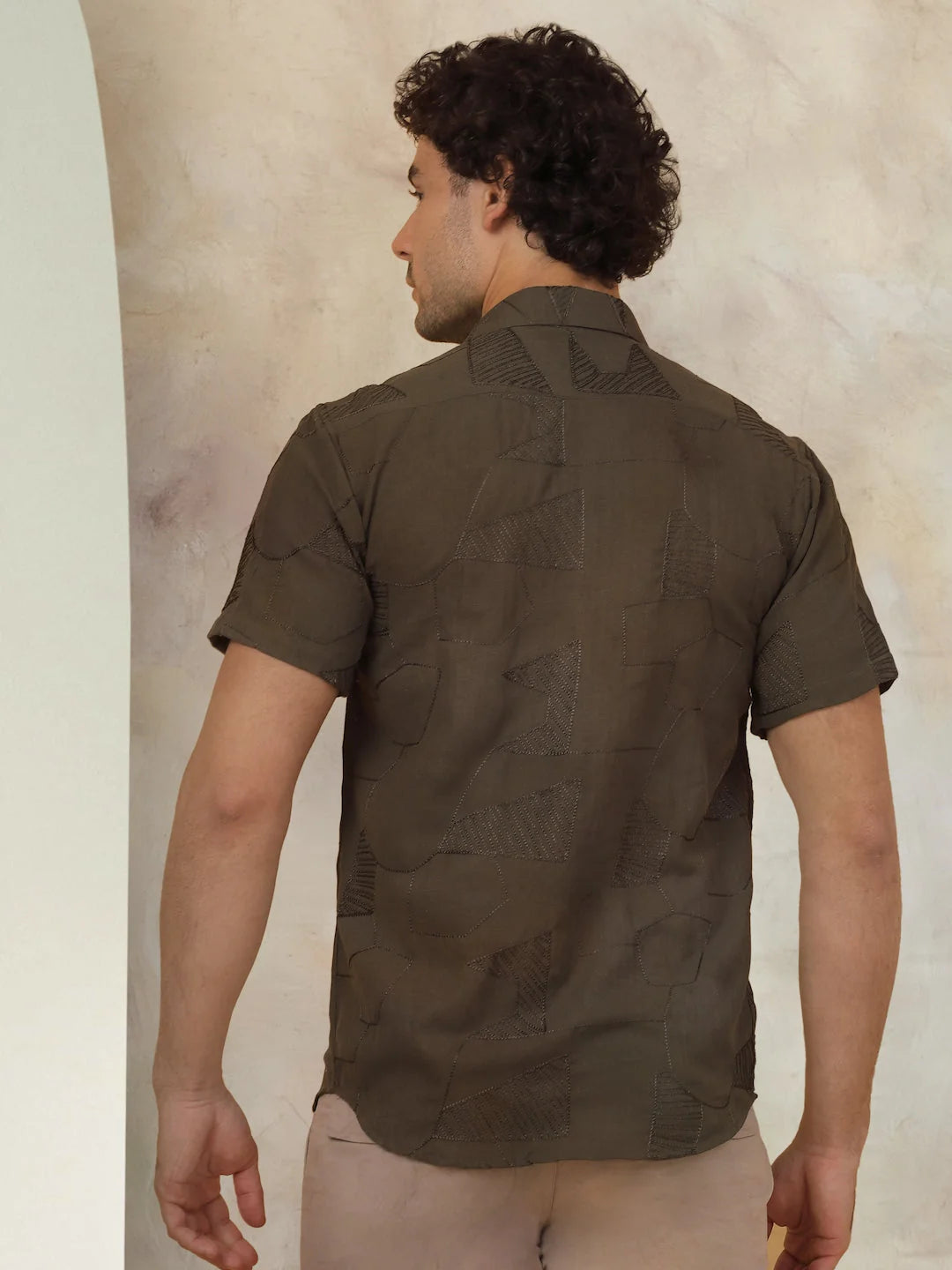 Olive Cotton Shirt for Men - Embroidered Half Sleeve
