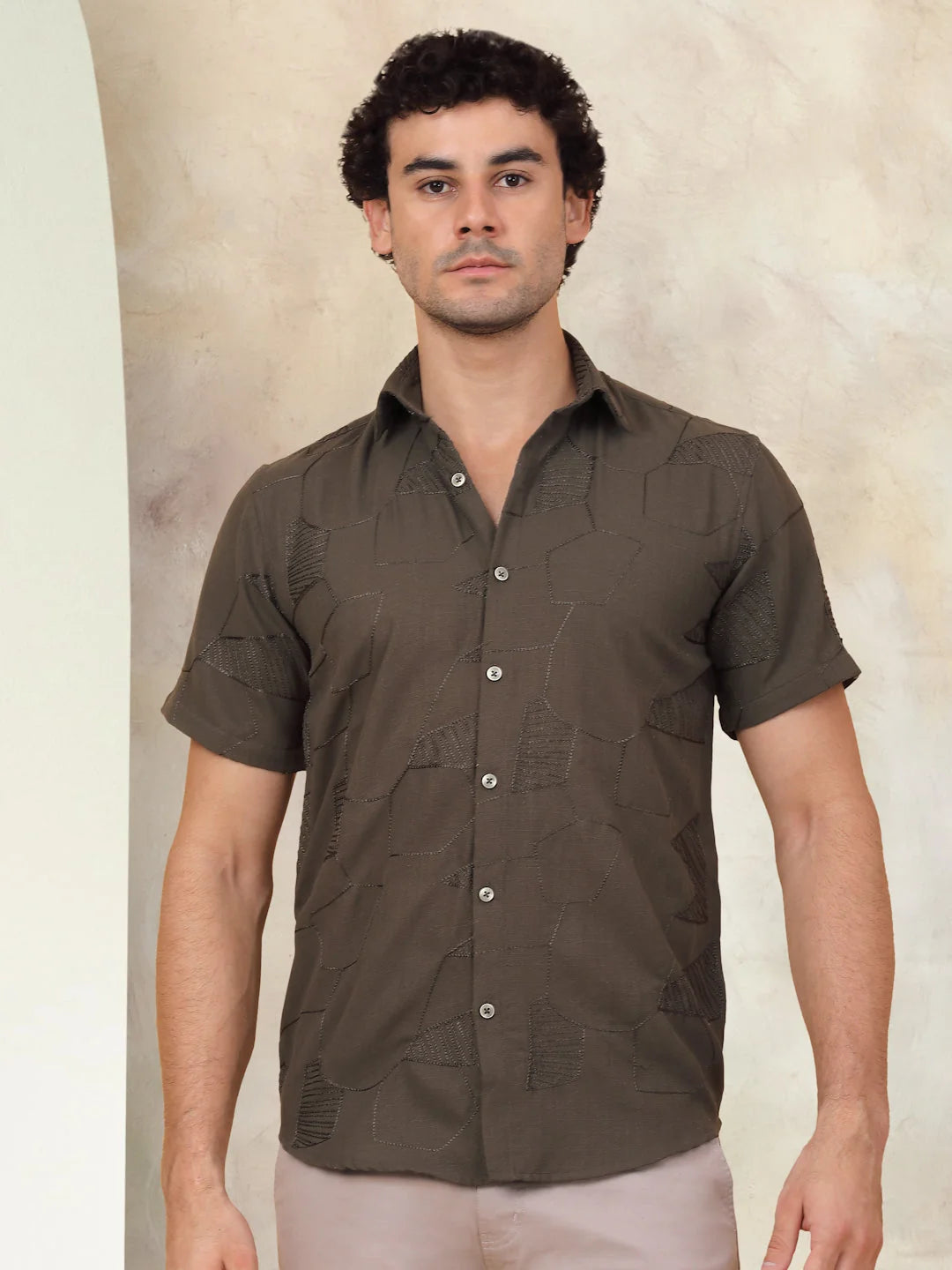Olive Cotton Shirt for Men - Embroidered Half Sleeve