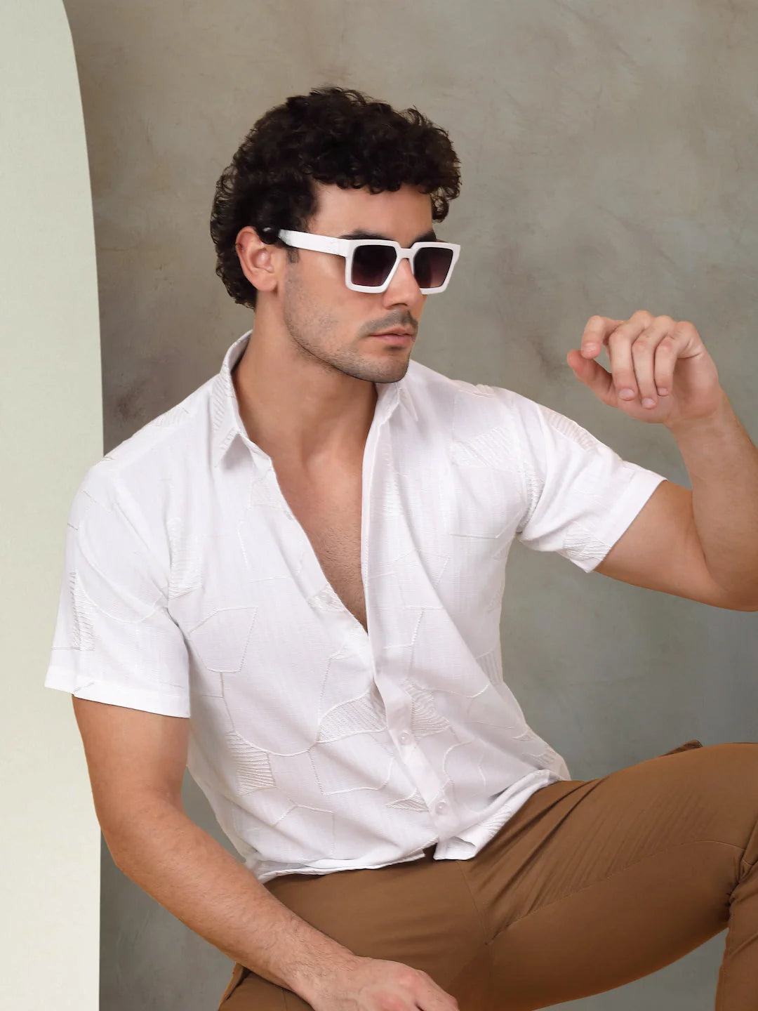 Embroidered Half Sleeve Cotton Shirt for Men-SF-944White