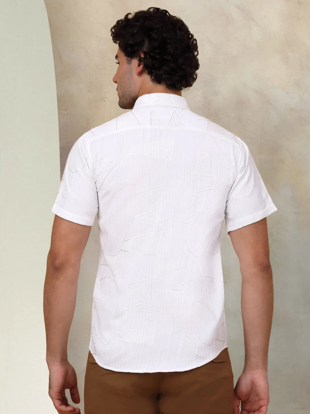 White Cotton Shirt for Men - Embroidered Half Sleeve