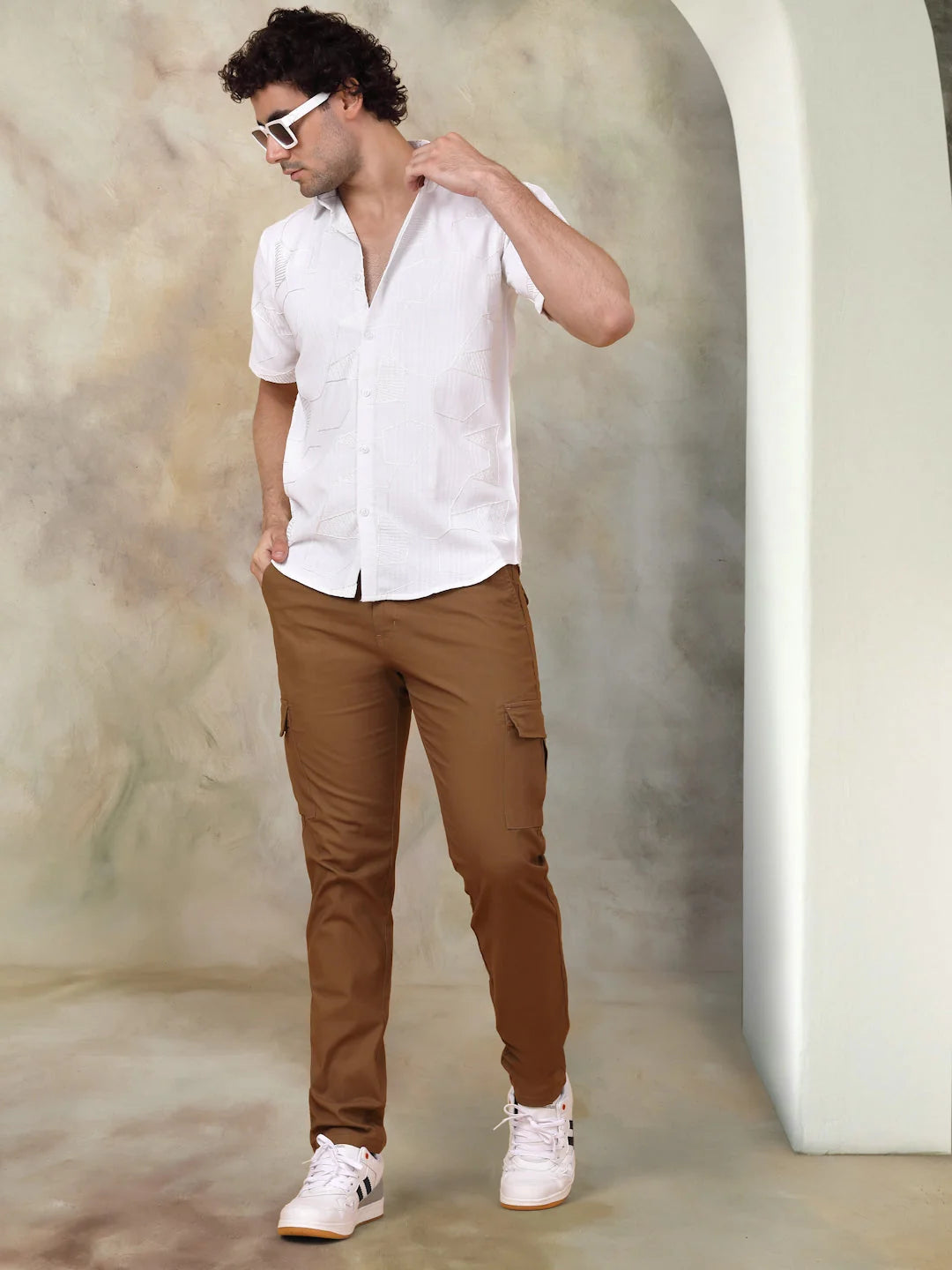 White Cotton Shirt for Men - Embroidered Half Sleeve