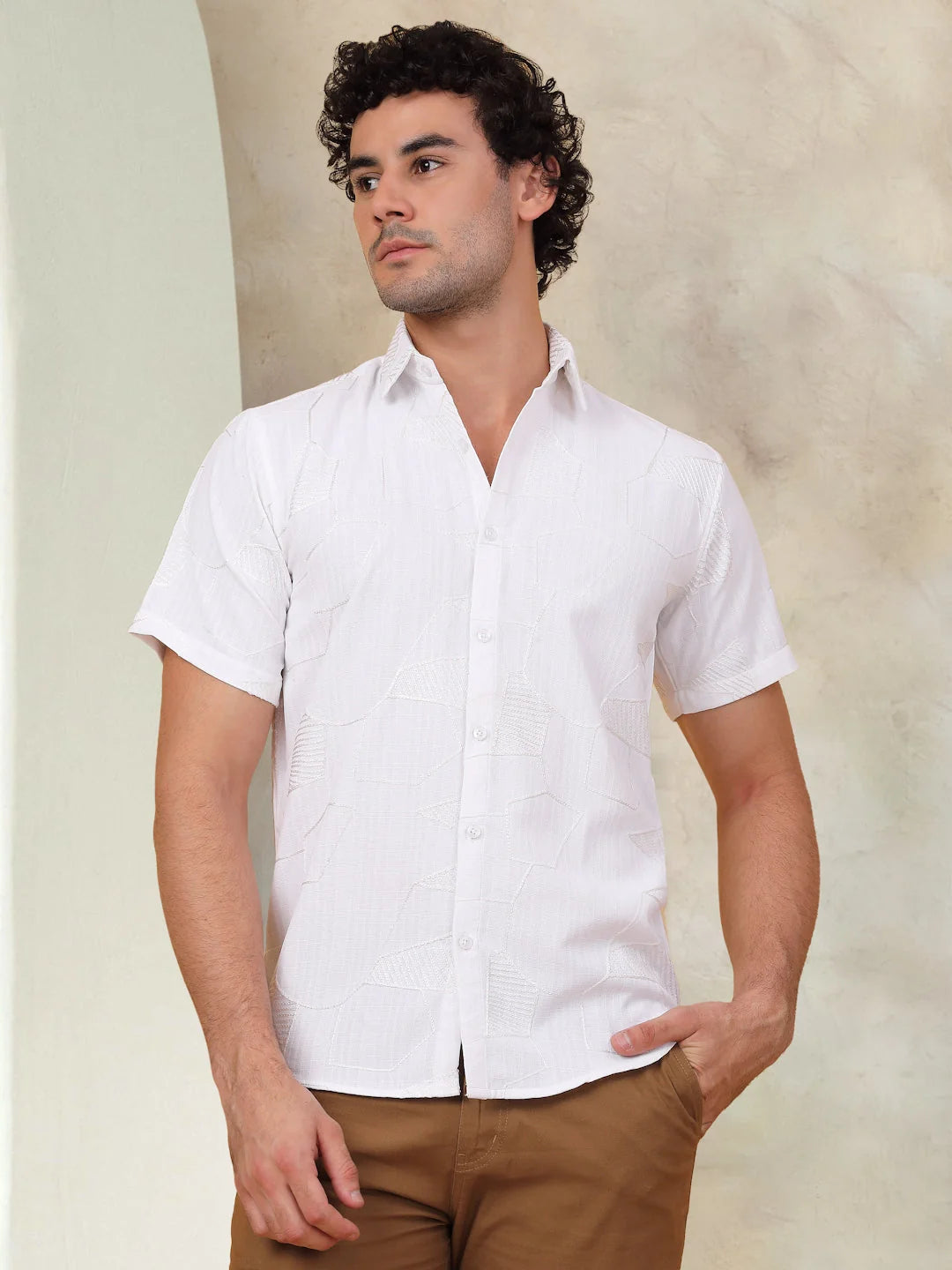 White Cotton Shirt for Men - Embroidered Half Sleeve