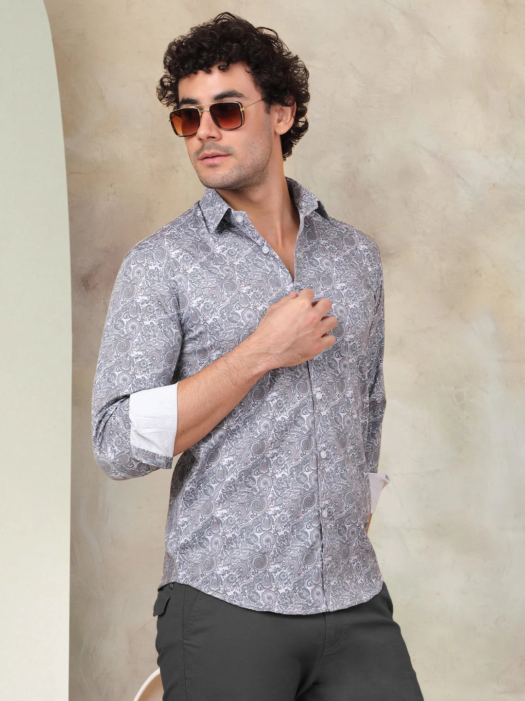 Printed Mens Shirt - Grey Cotton Casual Shirt