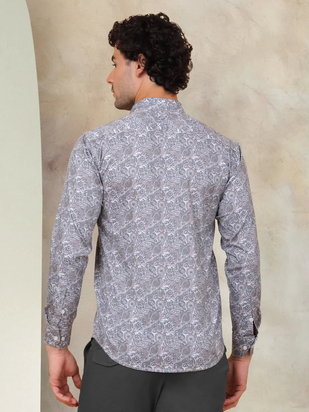 Printed Mens Shirt - Grey Cotton Casual Shirt