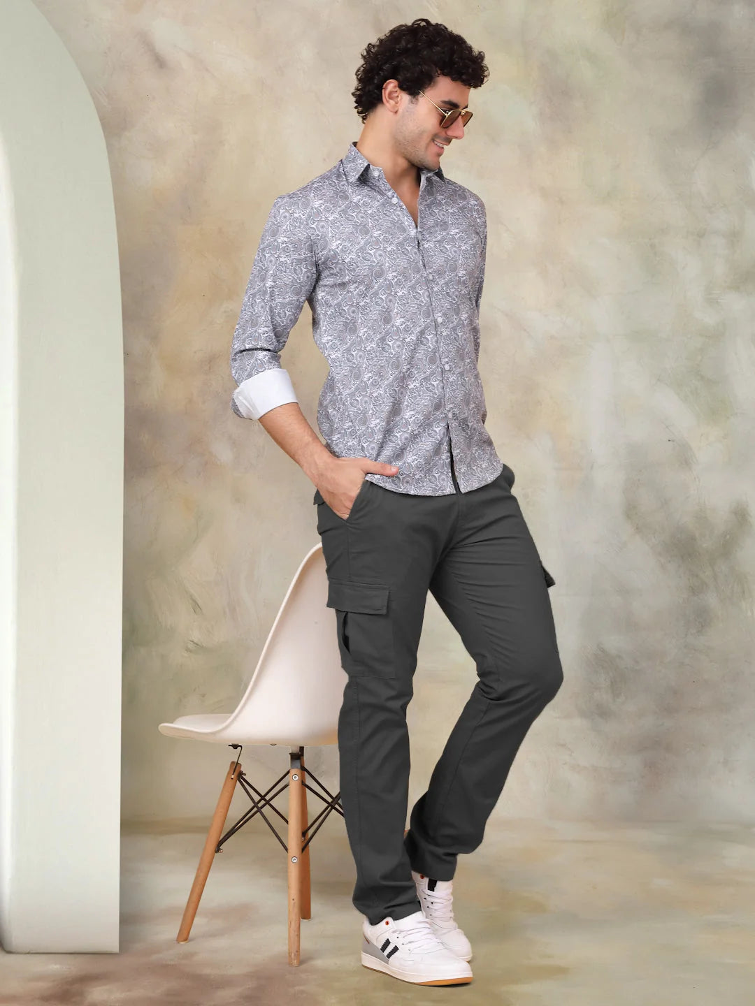 Printed Mens Shirt - Grey Cotton Casual Shirt