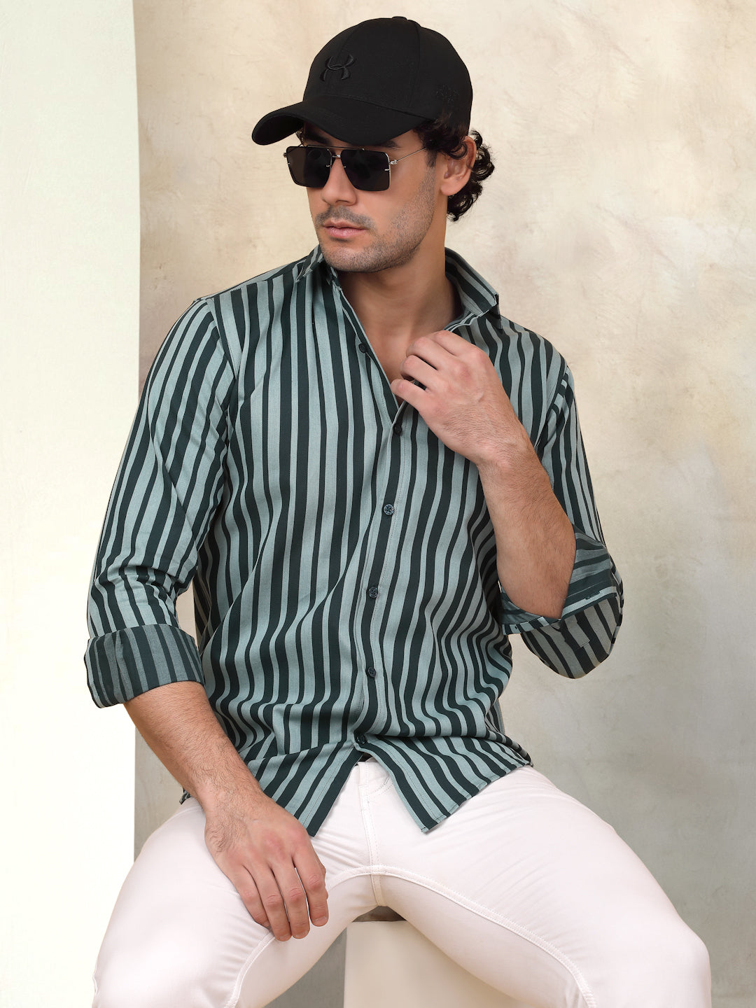 Green Striped Cotton Mens Shirt | Long Sleeve Cotton Shirt