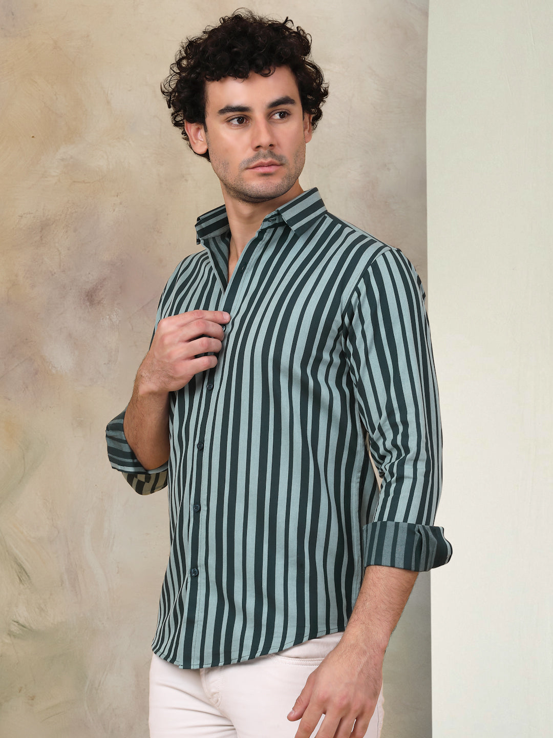 Green Striped Cotton Mens Shirt | Long Sleeve Cotton Shirt