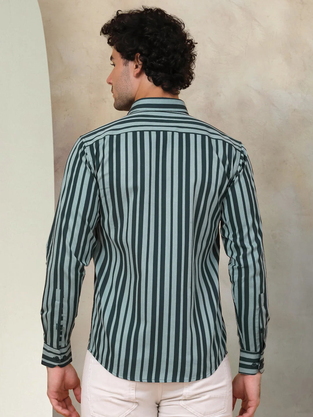 Green Striped Cotton Mens Shirt | Long Sleeve Cotton Shirt