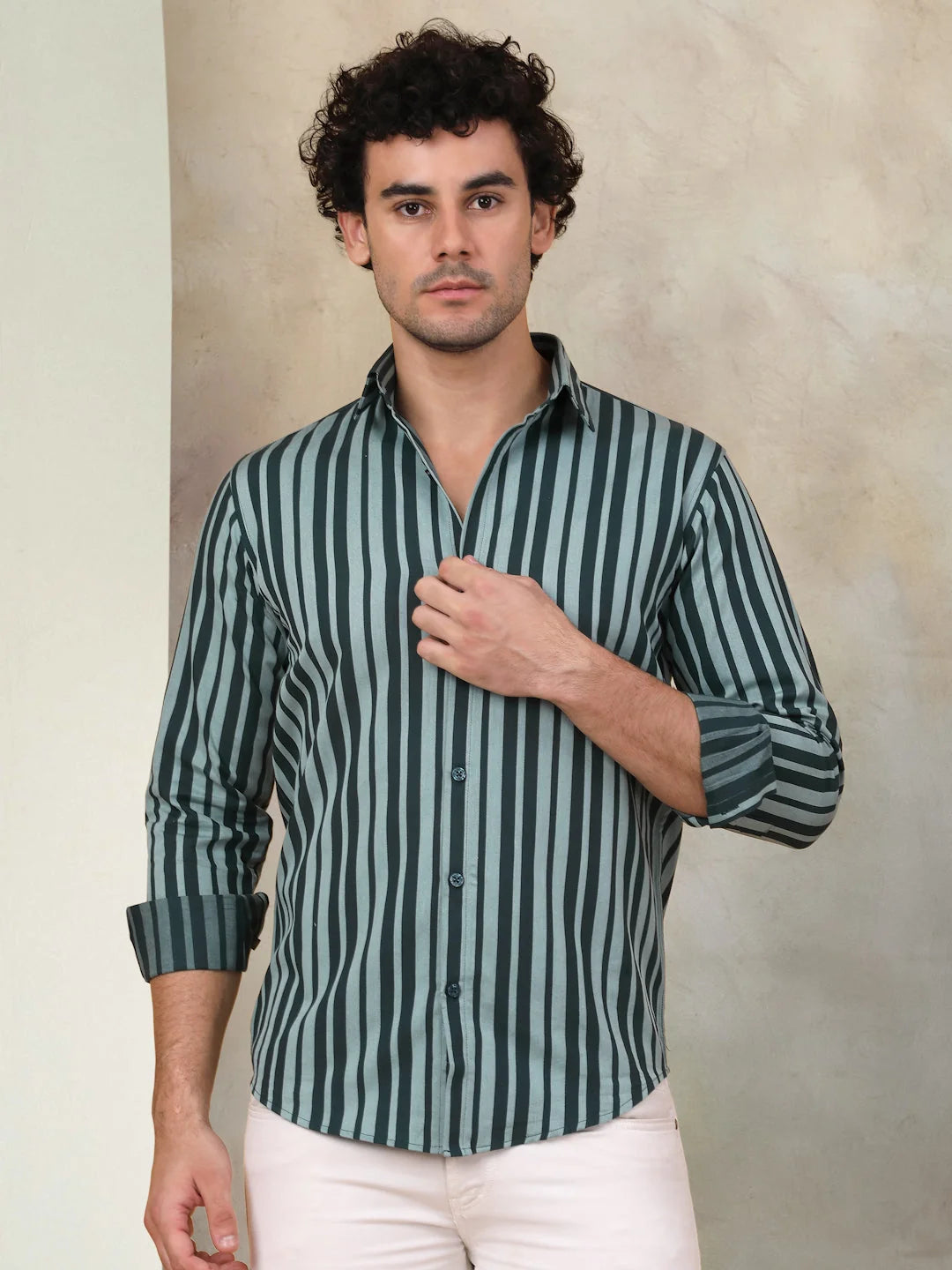 Green Striped Cotton Mens Shirt | Long Sleeve Cotton Shirt