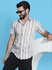 Striped Half Sleeve Cotton Lycra Shirt for Men-SF-947Beige