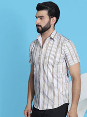 Striped Half Sleeve Cotton Lycra Shirt for Men-SF-947Beige