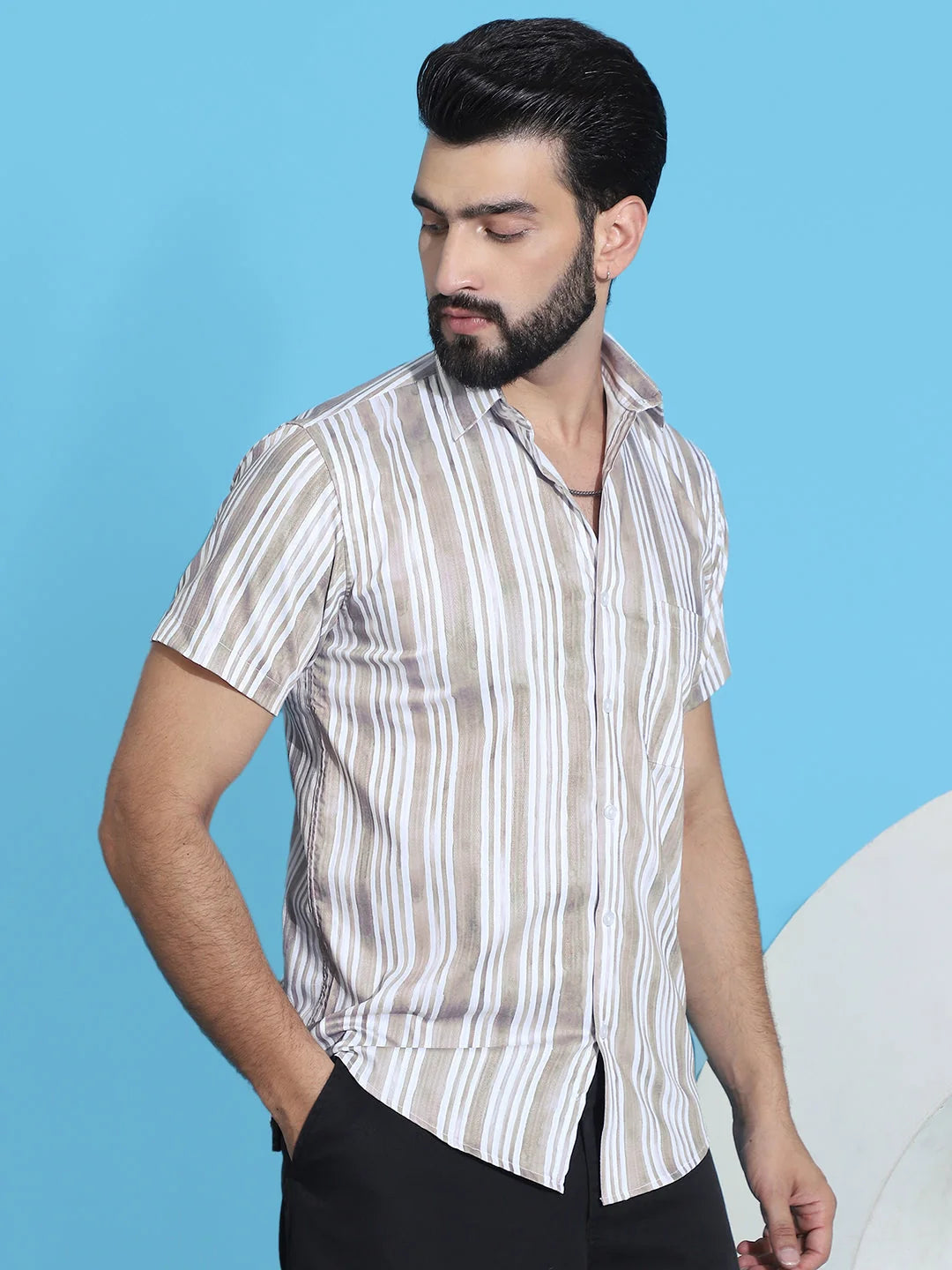 Striped Beige Cotton Lycra Mens Shirt | Half Sleeve Cotton Shirt