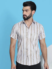 Striped Half Sleeve Cotton Lycra Shirt for Men-SF-947Beige