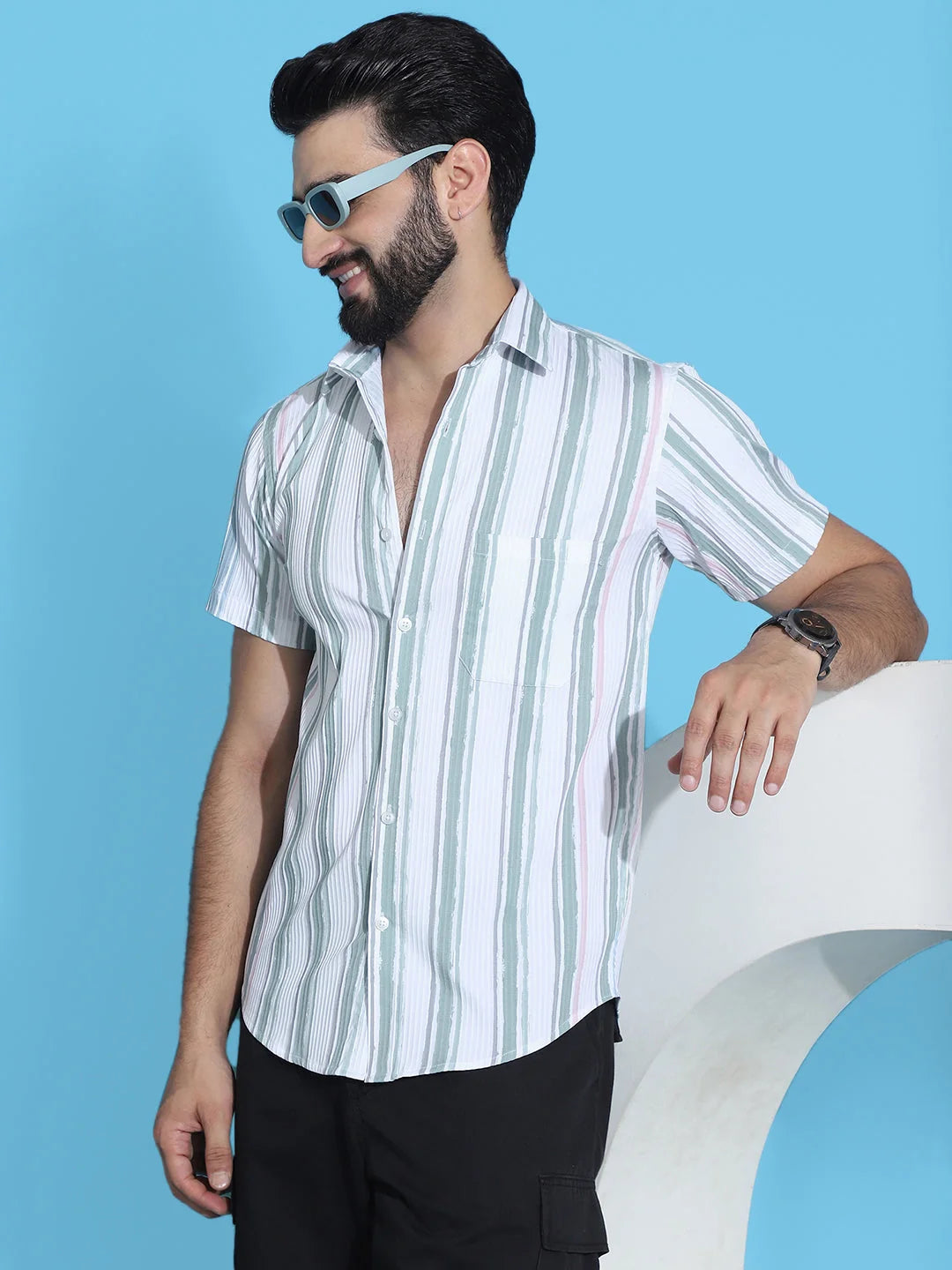 Striped Green Cotton Lycra Mens Shirt | Half Sleeve Cotton Shirt