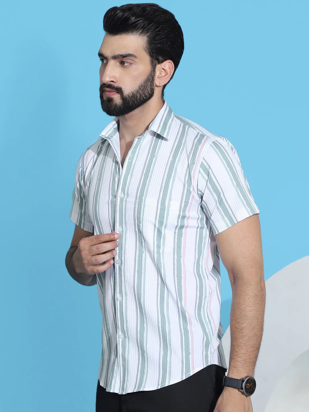 Striped Green Cotton Lycra Mens Shirt | Half Sleeve Cotton Shirt