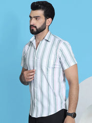 Striped Half Sleeve Cotton Lycra Shirt for Men-SF-947Green