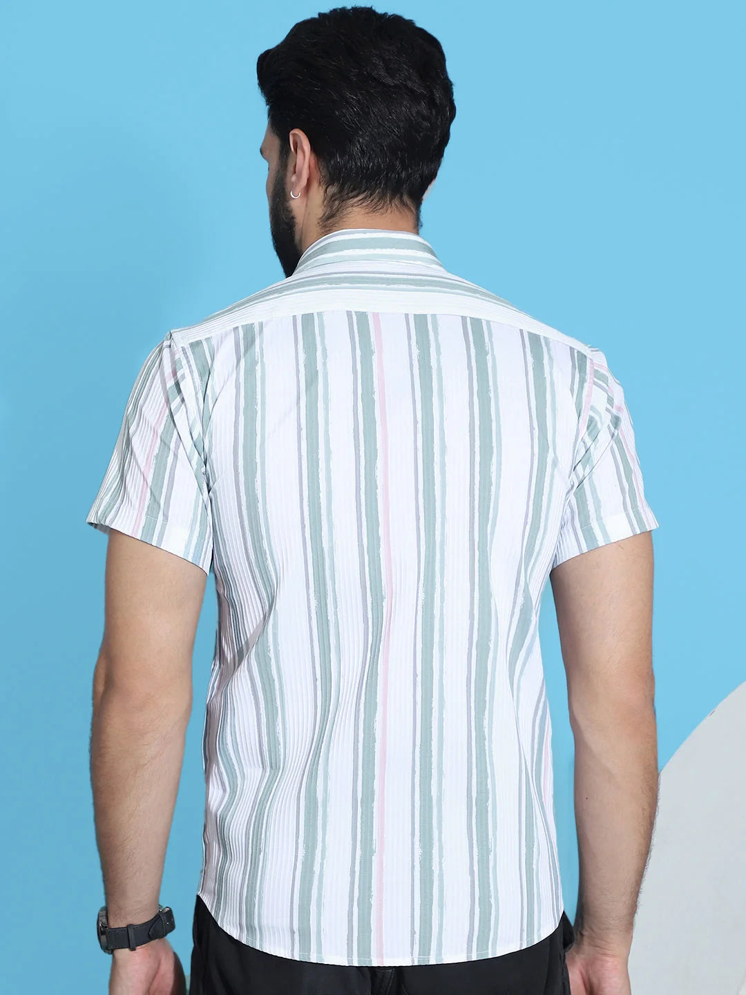 Striped Green Cotton Lycra Mens Shirt | Half Sleeve Cotton Shirt