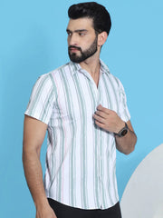 Striped Half Sleeve Cotton Lycra Shirt for Men-SF-947Green