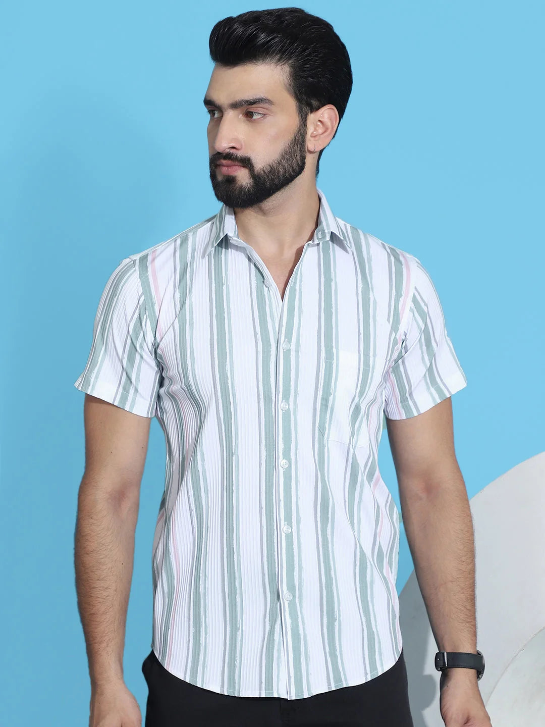 Striped Green Cotton Lycra Mens Shirt | Half Sleeve Cotton Shirt