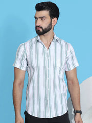 Striped Half Sleeve Cotton Lycra Shirt for Men-SF-947Green