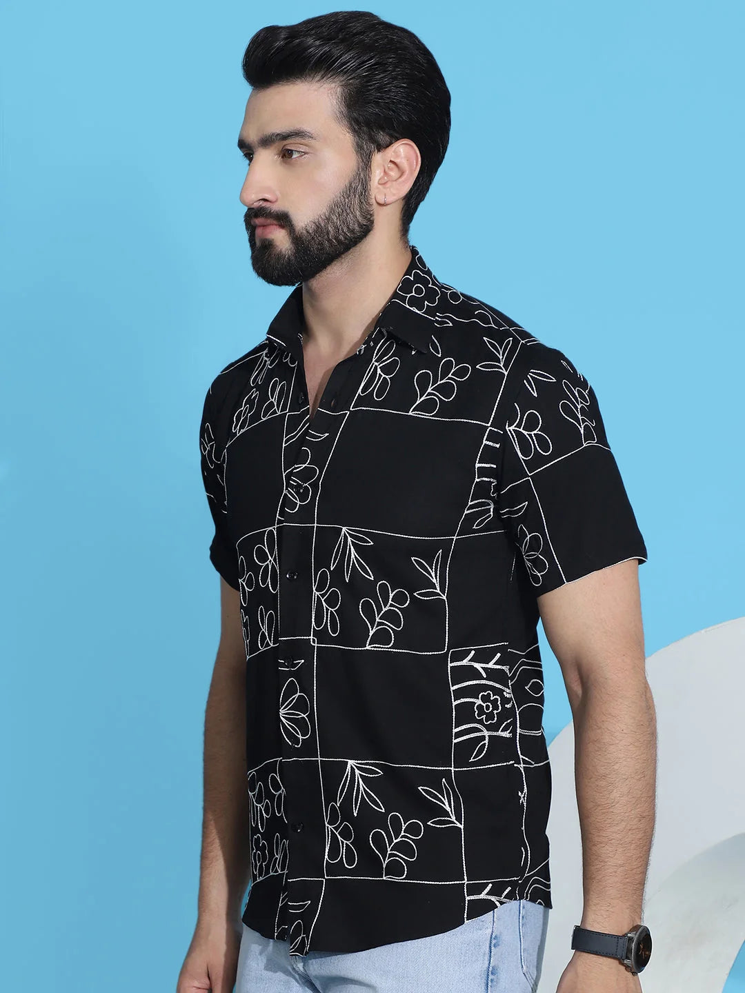 Embroidered Black Cotton Shirt for Men | Half Sleeve Mens Shirt
