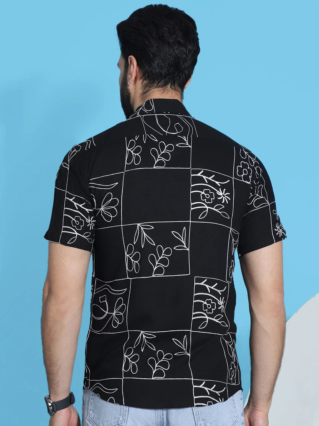 Embroidered Black Cotton Shirt for Men | Half Sleeve Mens Shirt
