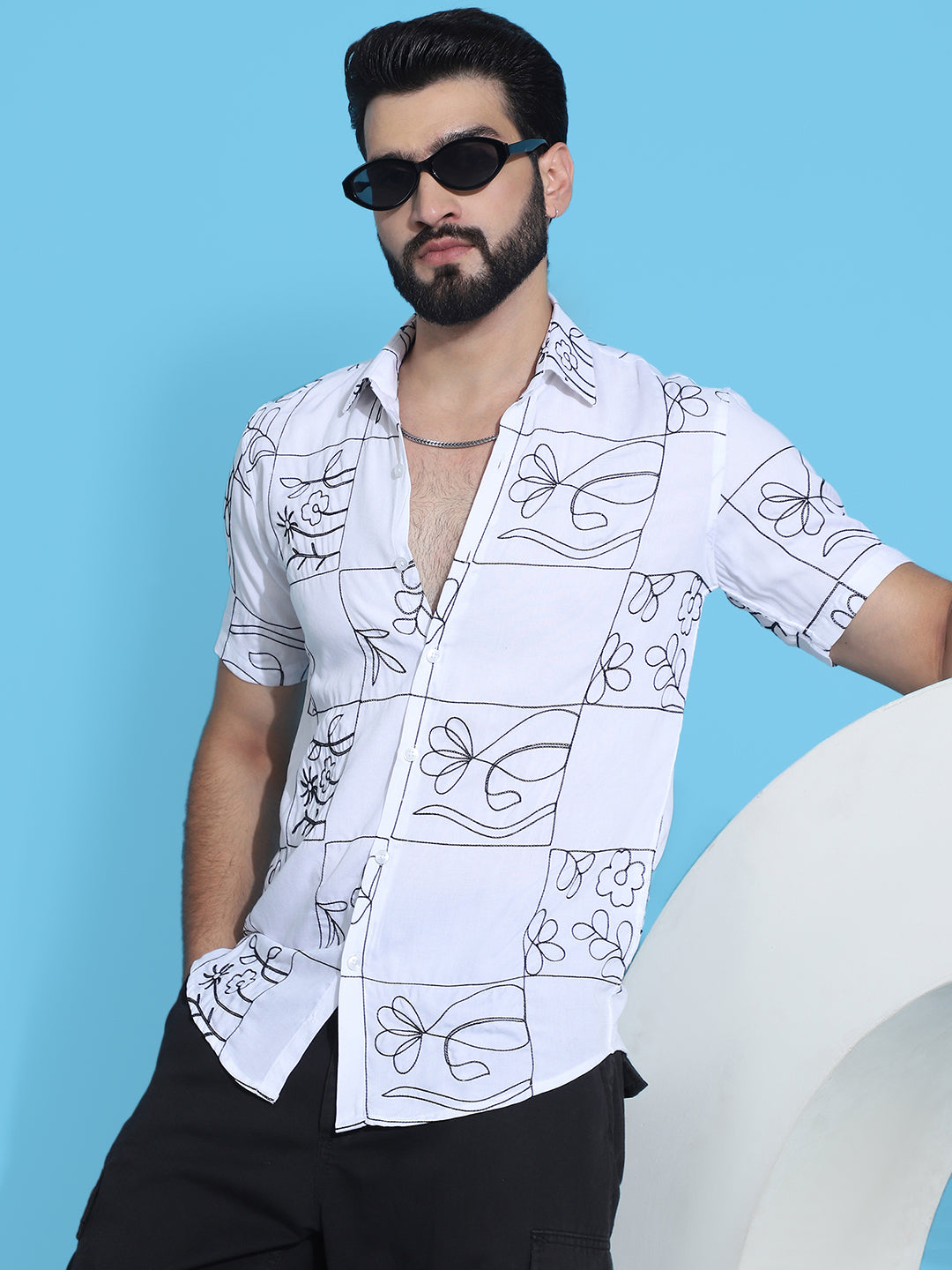 White Embroidered Mens Shirt - Half Sleeve Cotton Shirt for Men