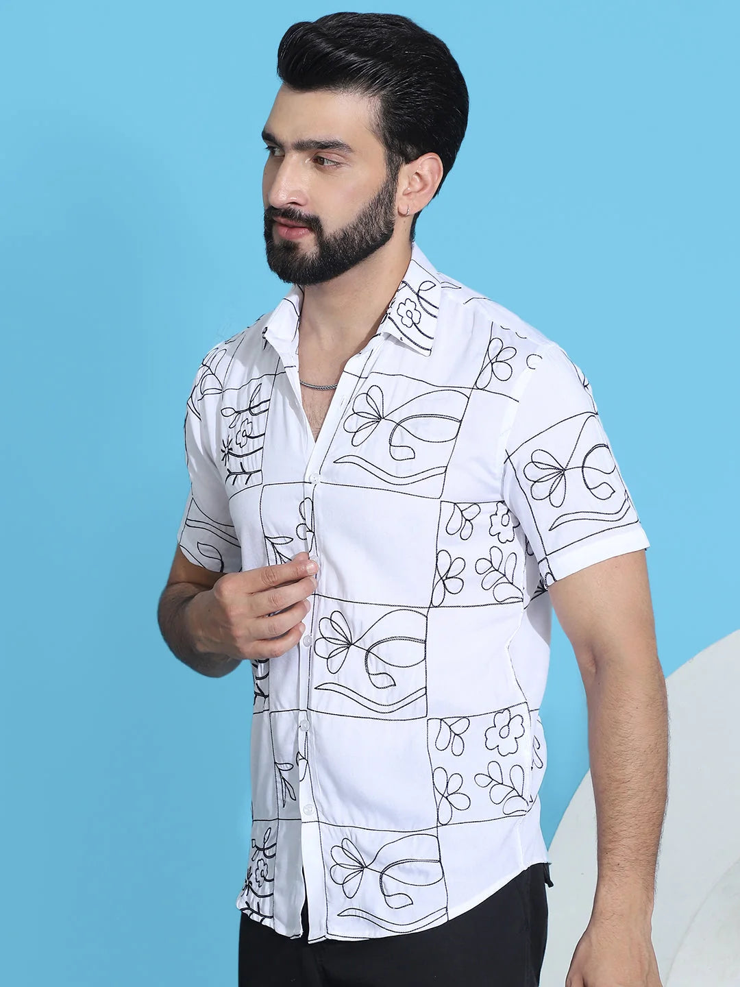 White Embroidered Mens Shirt - Half Sleeve Cotton Shirt for Men