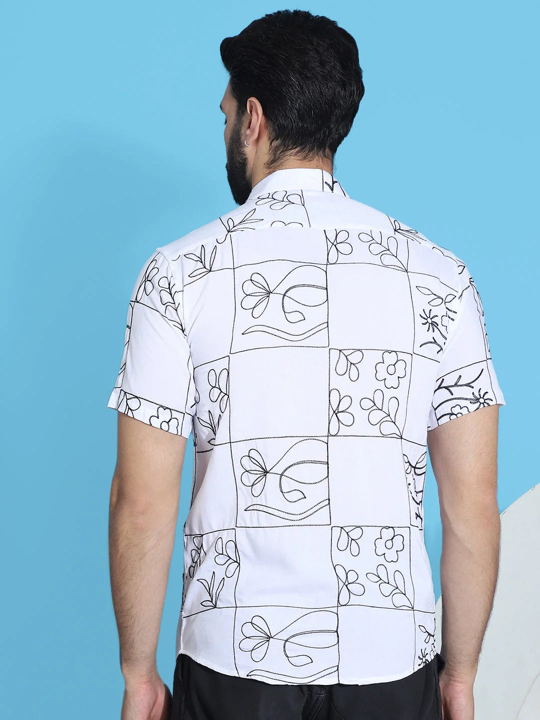 White Embroidered Mens Shirt - Half Sleeve Cotton Shirt for Men