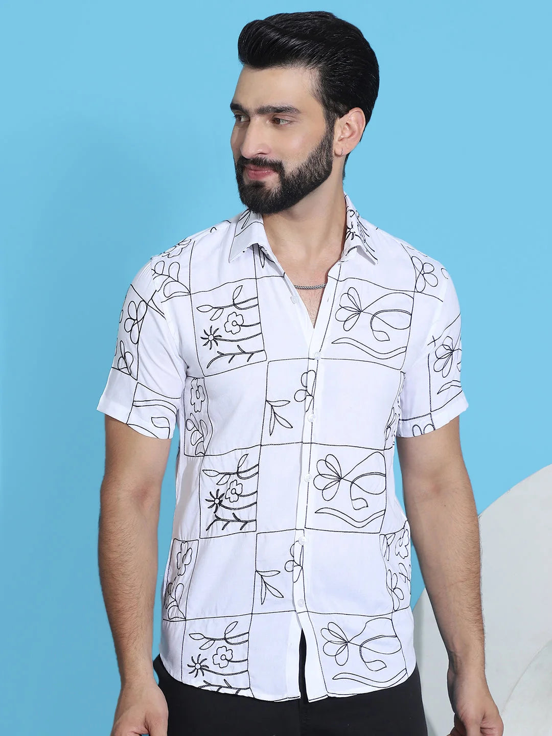 White Embroidered Mens Shirt - Half Sleeve Cotton Shirt for Men