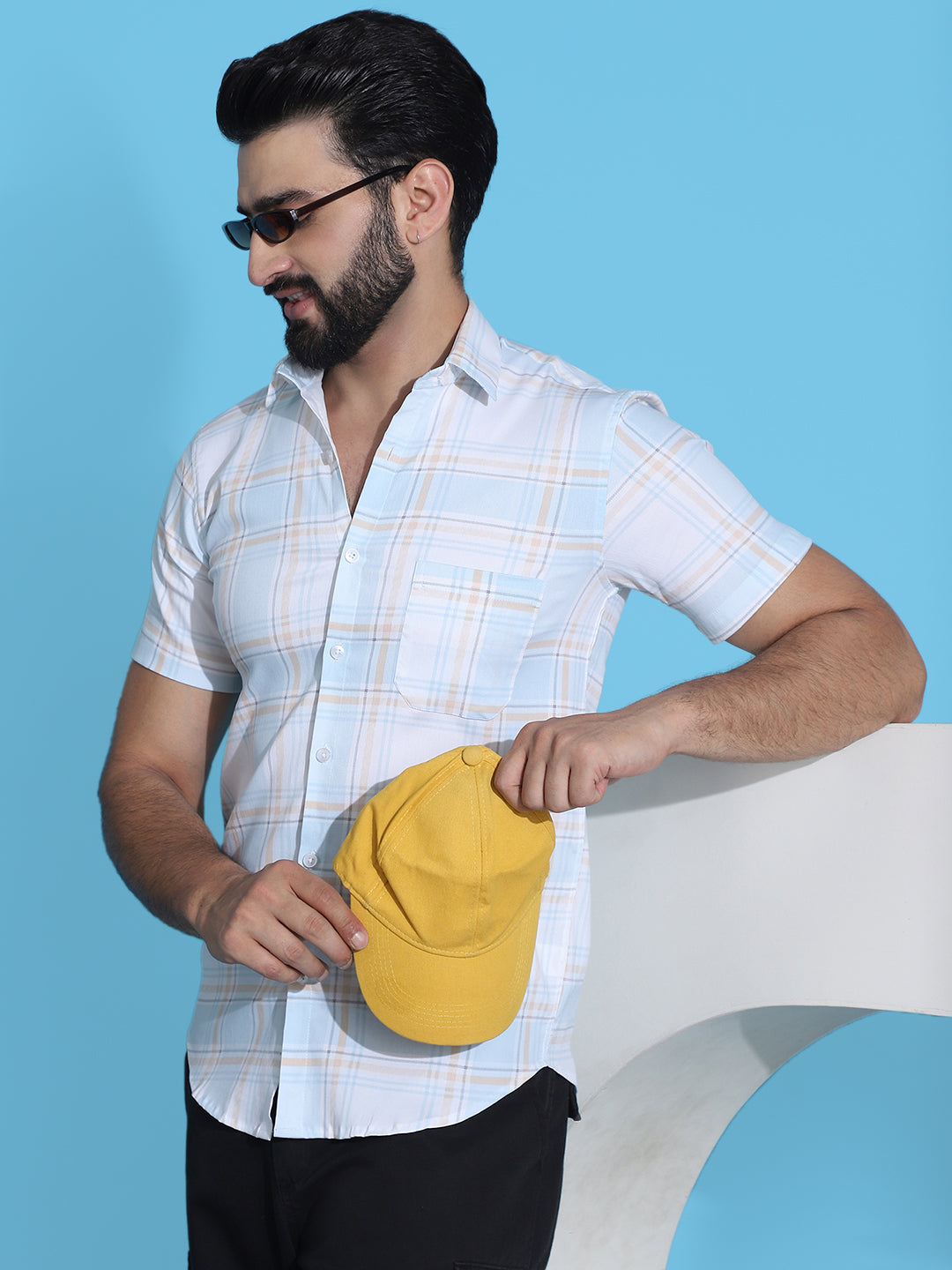 Blue Checked Mens Shirt - Half Sleeve Cotton Shirt for Men