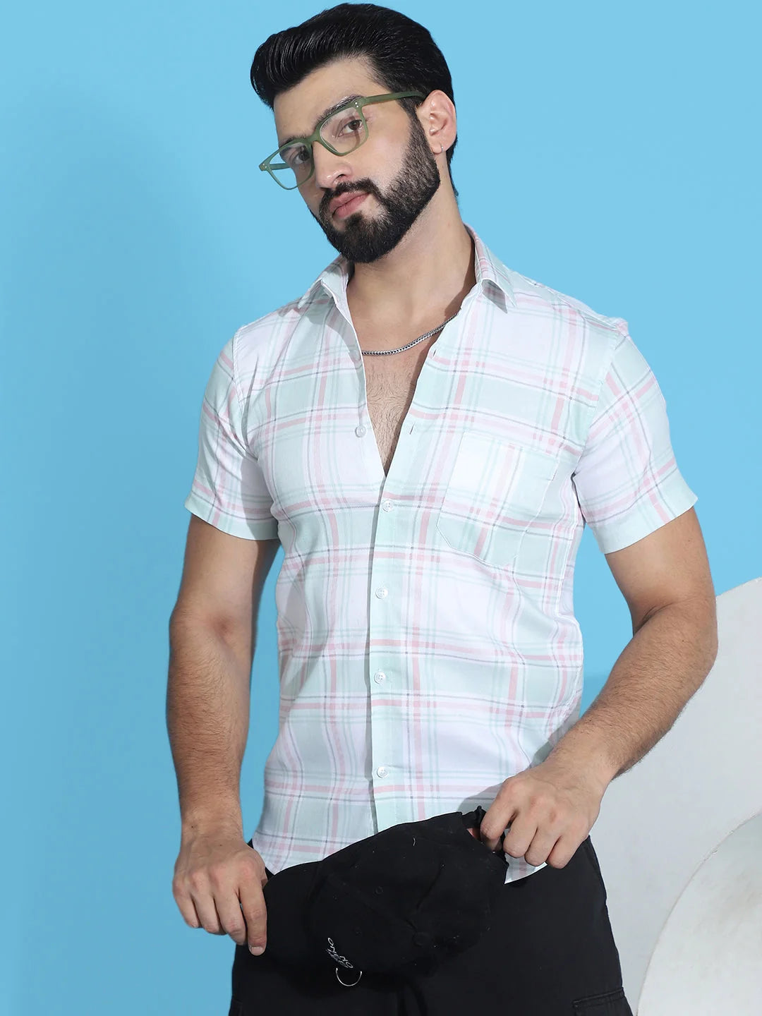 Light Green Checked Mens Shirt - Half Sleeve Cotton Shirt