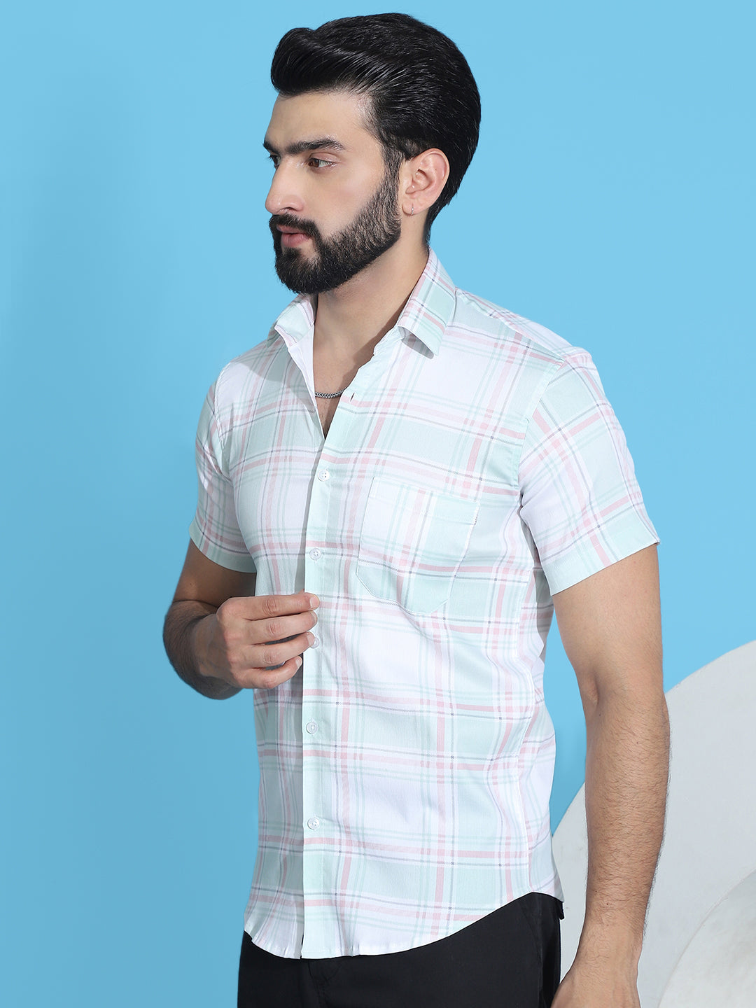 Light Green Checked Mens Shirt - Half Sleeve Cotton Shirt