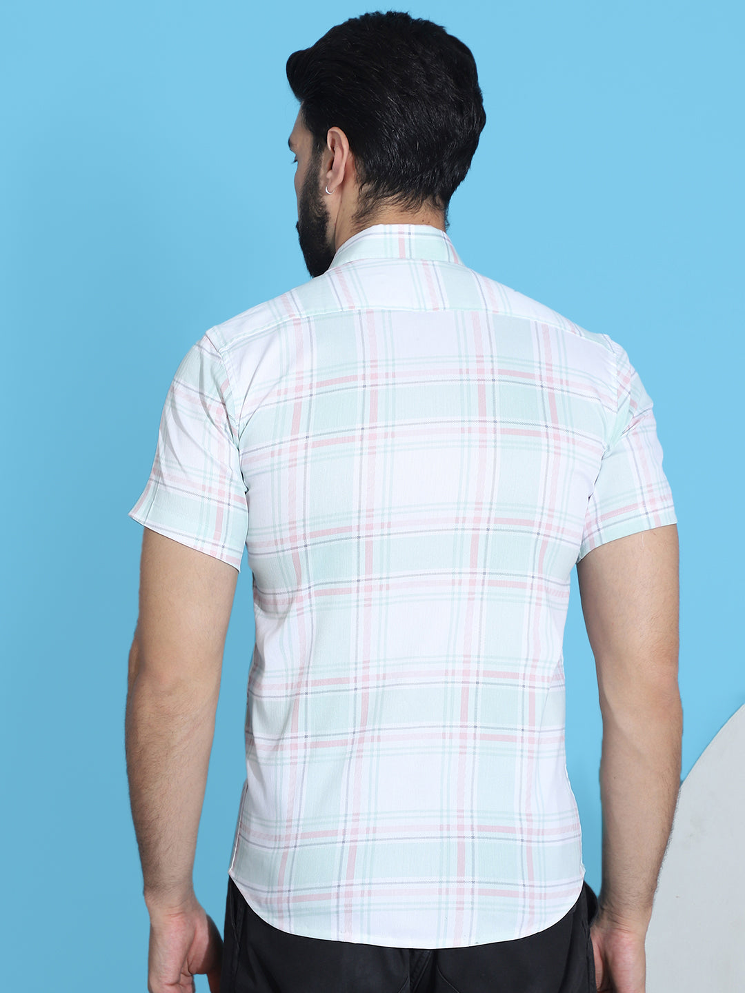 Light Green Checked Mens Shirt - Half Sleeve Cotton Shirt